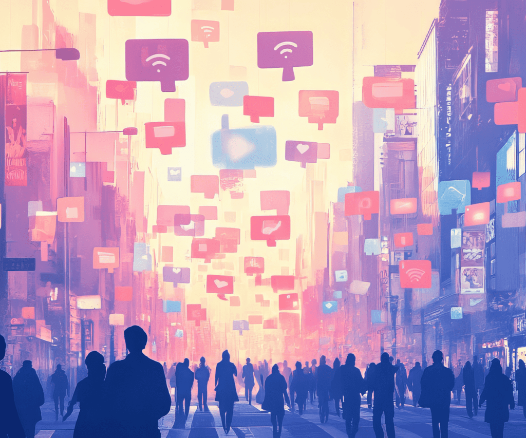 Menschenmenge mit schwebenden Social-Media-Symbolen