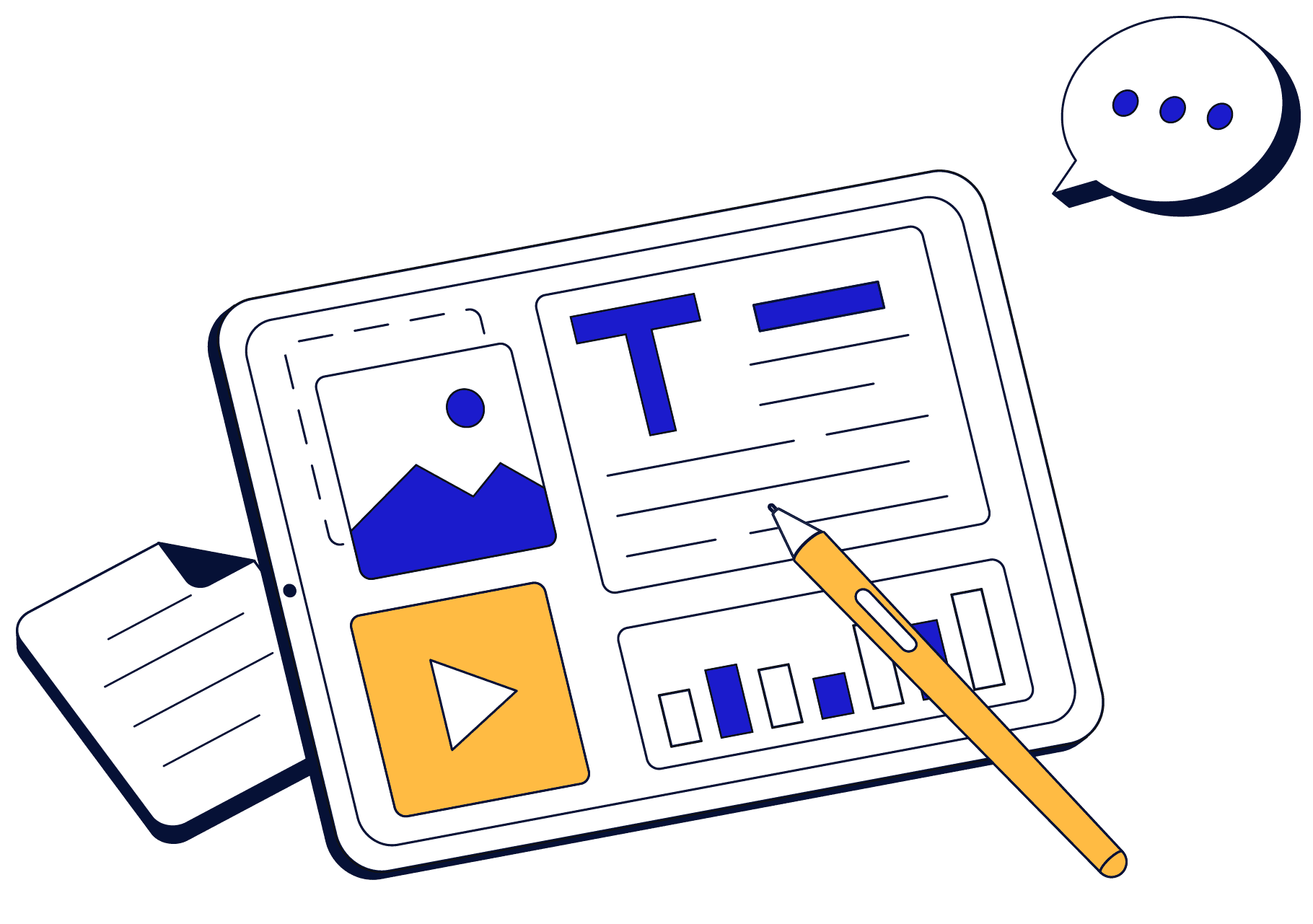 Digital content creation on tablet with graphics and text.